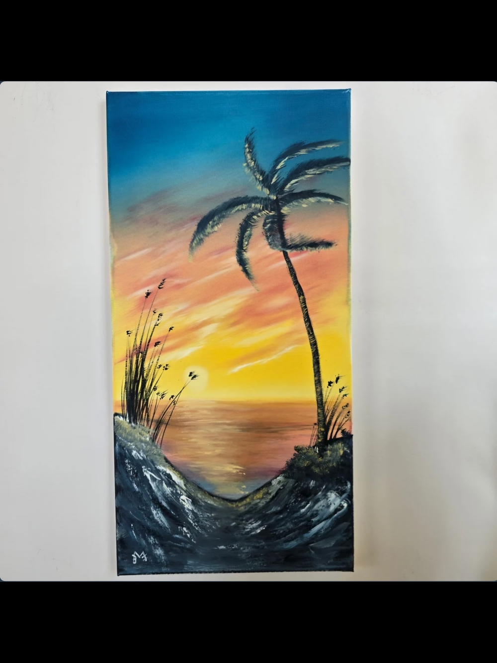 Sunset Palm Coastal Canvas Wall Art - Blue, Yellow & Orange